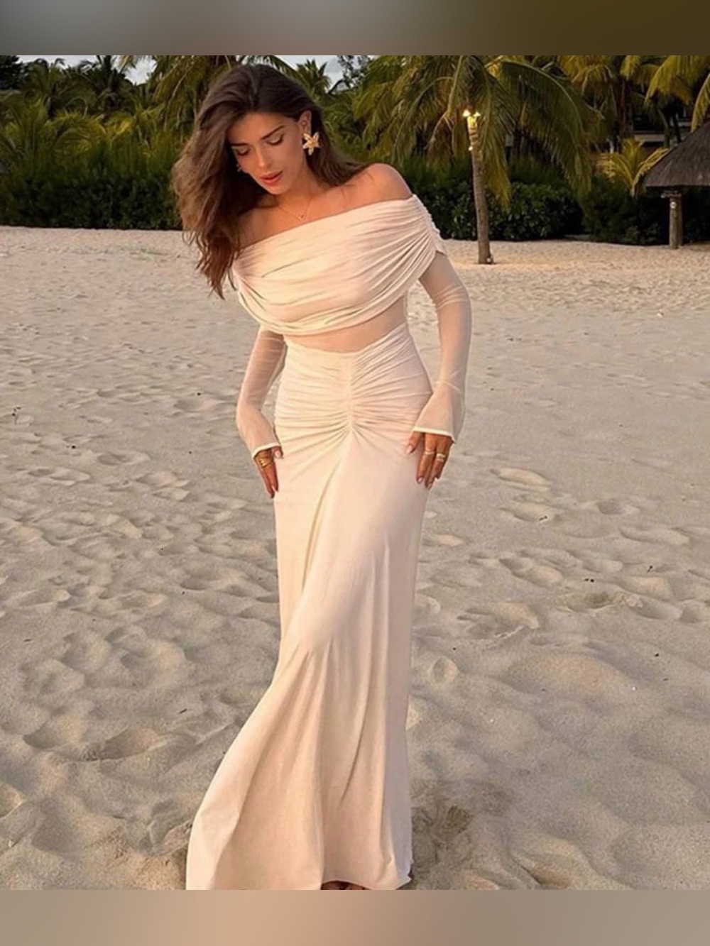 SHEIN Cream Off-Shoulder Ruched Maxi Dress